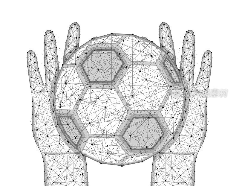 Hands and soccer ball low poly design, football, sports game in polygonal style, catch or throw the ball wireframe vector illustration made from points and lines on a white background